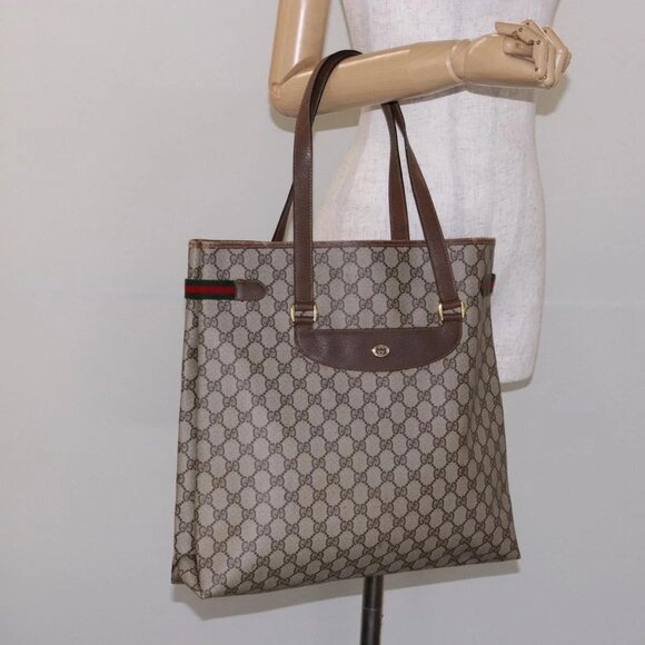 GUCCI GG Supreme Web Sherry Line Tote Bag PVC Beige Gold 39 02 091 Auth ep10316 - Picture 1 of 16